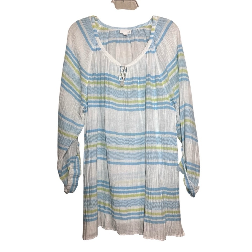 J Jill Gauzy Tunic Swim Coverup 2X Blue Green Stripe Roll Tab Sleeve Semi Sheer